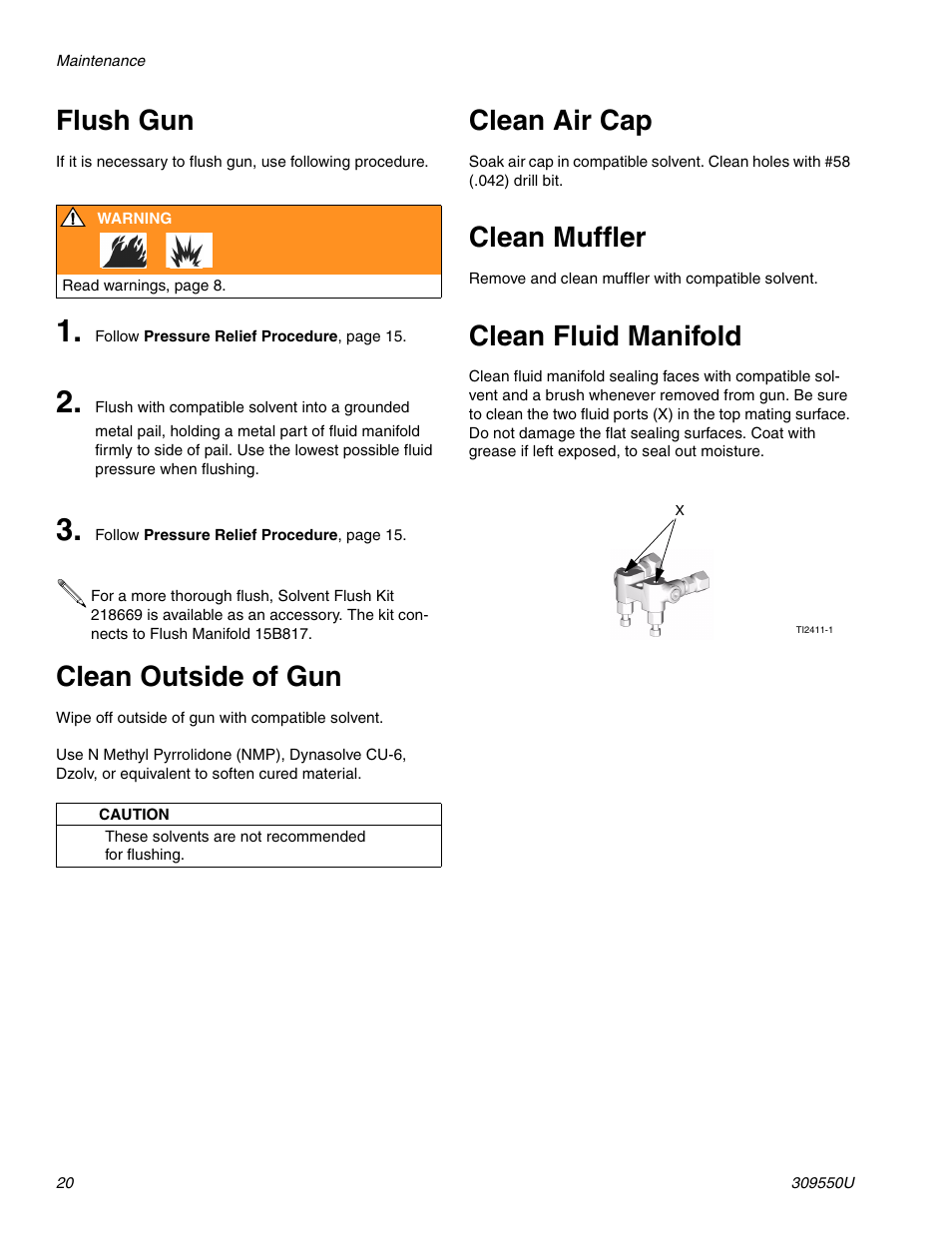 Clean outside of gun , pa, Clean air cap, Clean muffler | Clean fluid manifold, E 20, Flush gun, Clean outside of gun | Graco FUSION 309550U User Manual | Page 20 / 46