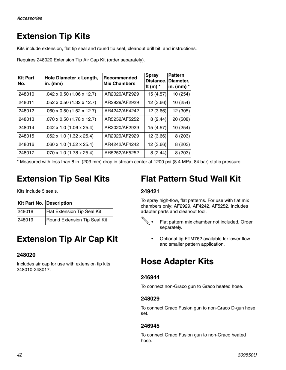 Extension tip kits, Extension tip seal kits, Extension tip air cap kit | Flat pattern stud wall kit, Hose adapter kits | Graco FUSION 309550U User Manual | Page 42 / 46