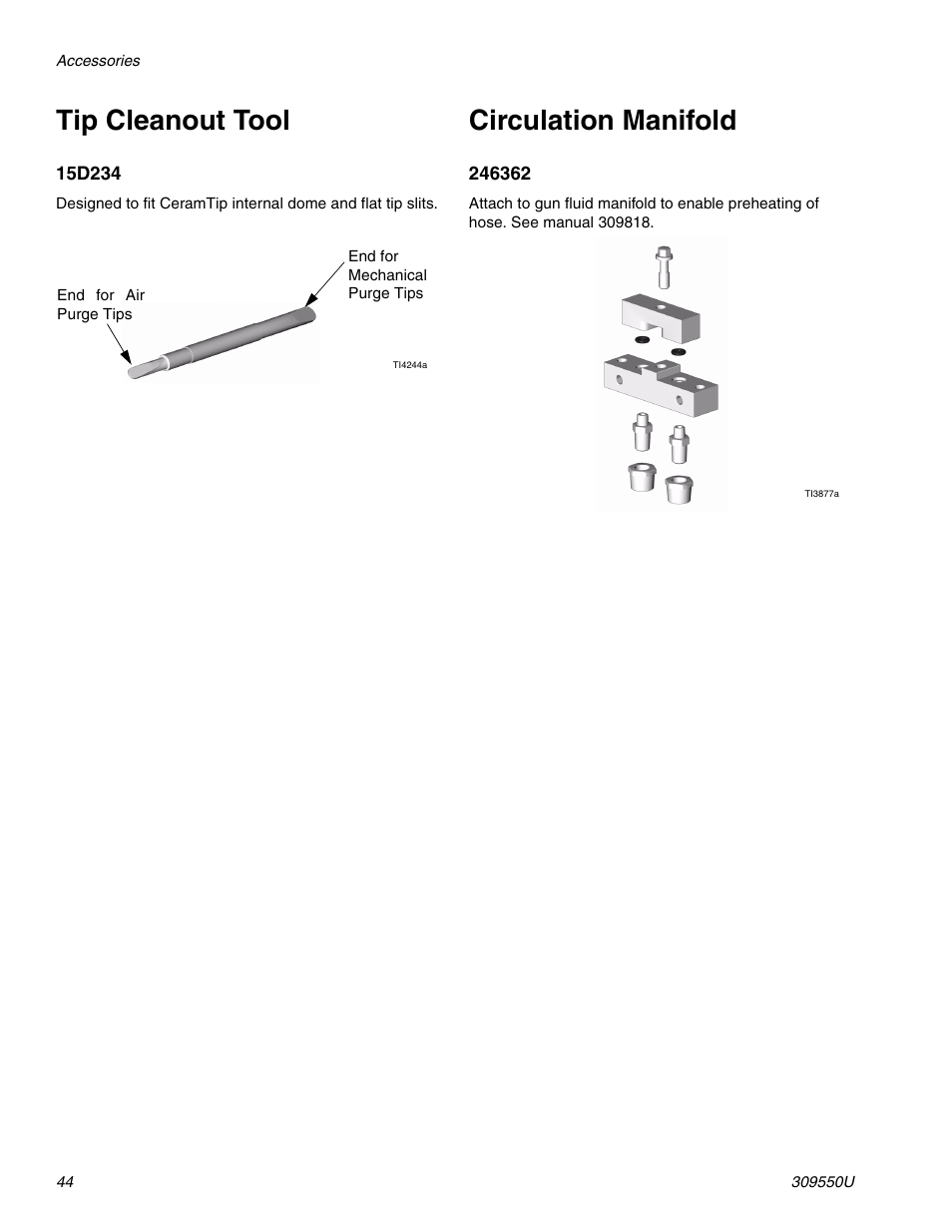 Tip cleanout tool, Circulation manifold | Graco FUSION 309550U User Manual | Page 44 / 46