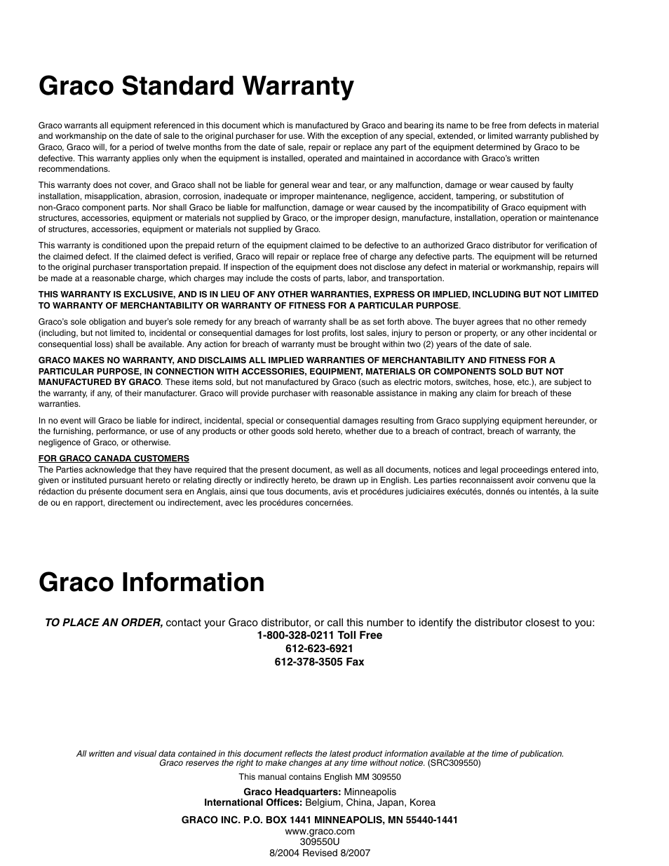 Graco standard warranty, Graco information | Graco FUSION 309550U User Manual | Page 46 / 46