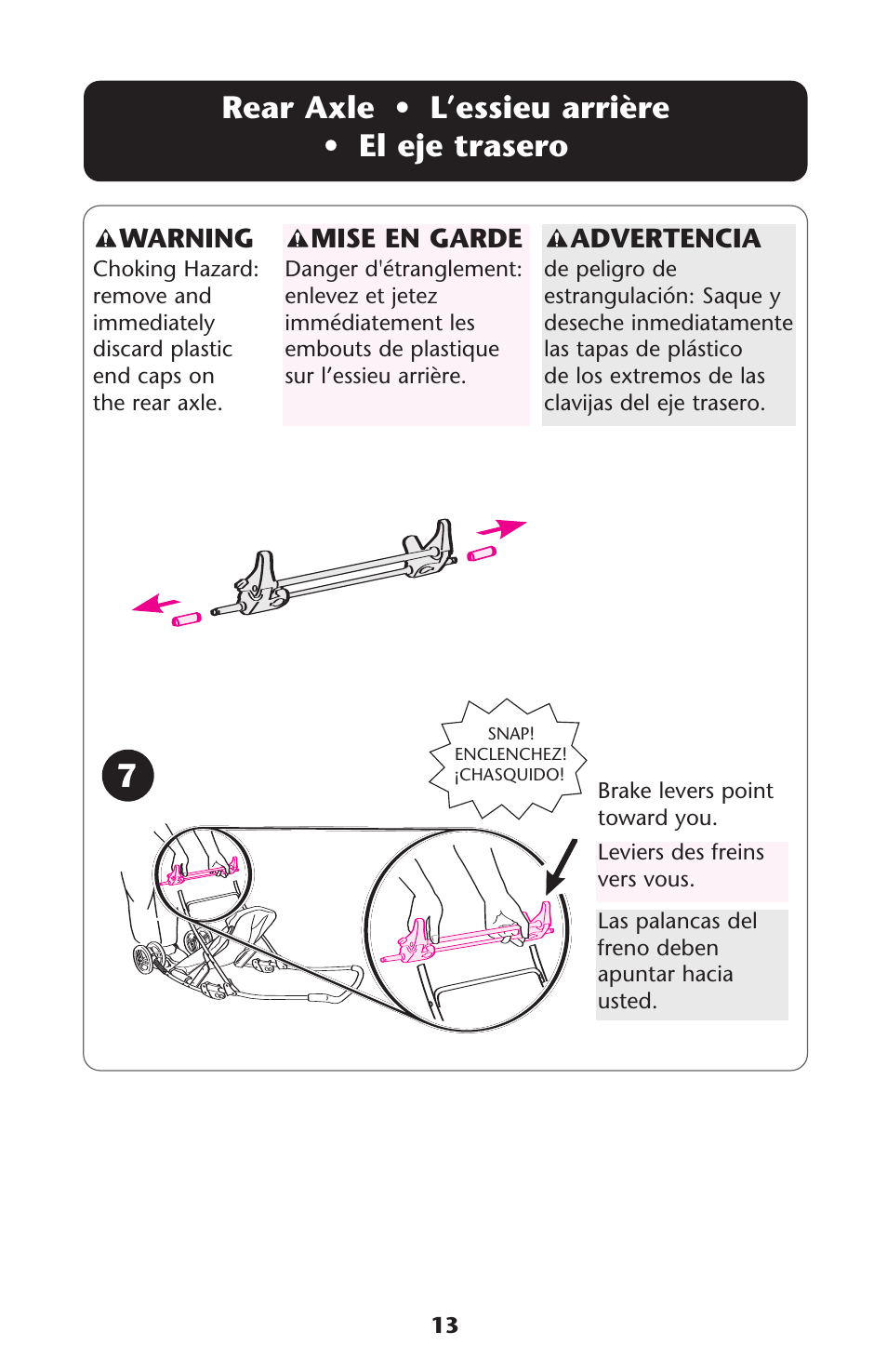 Rear axle • l’essieu arrière • el eje trasero, Mise en garde, Warning | Advertencia | Graco ISPA108AB User Manual | Page 13 / 129