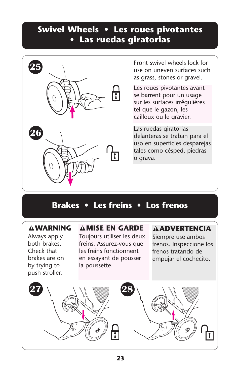 Brakes • les freins • los frenos | Graco ISPA108AB User Manual | Page 23 / 129