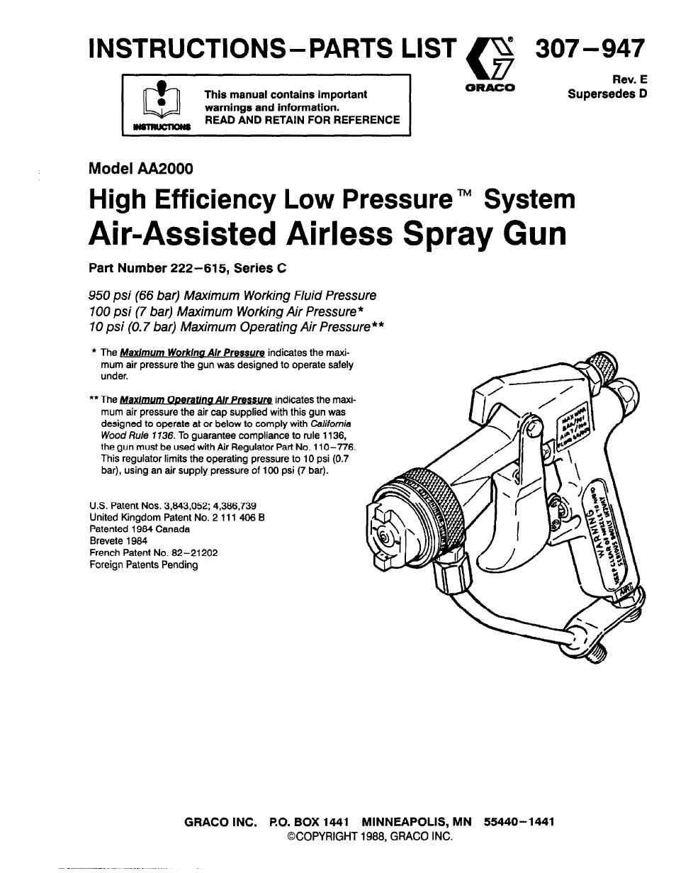 Graco HIGH EFFICIENCY LOW PRESSURE AA2000 User Manual | 20 pages