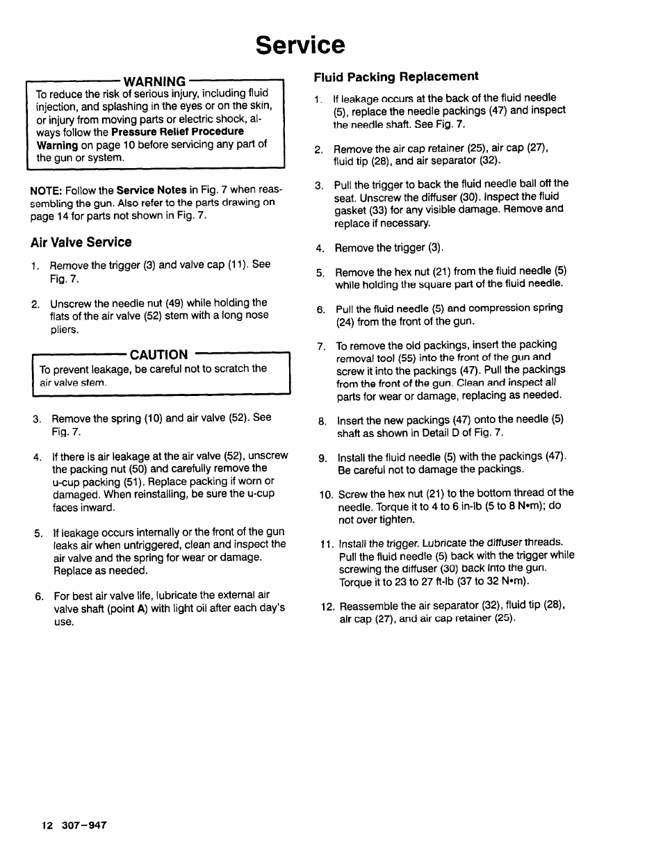 Air valve service, Caution, Fluid packing replacement | Service | Graco HIGH EFFICIENCY LOW PRESSURE AA2000 User Manual | Page 12 / 20