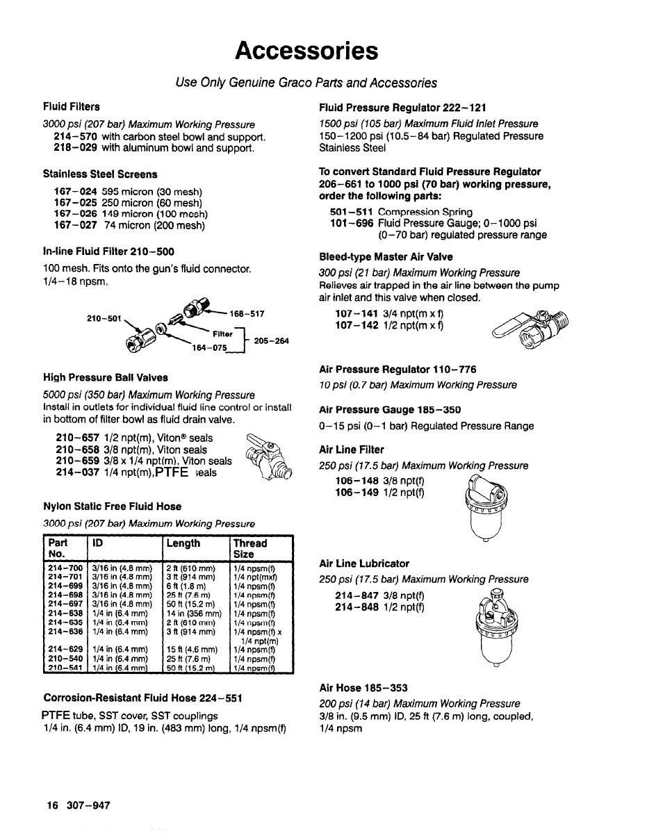 Accessories, Use only genuine grace parts and accessories | Graco HIGH EFFICIENCY LOW PRESSURE AA2000 User Manual | Page 16 / 20