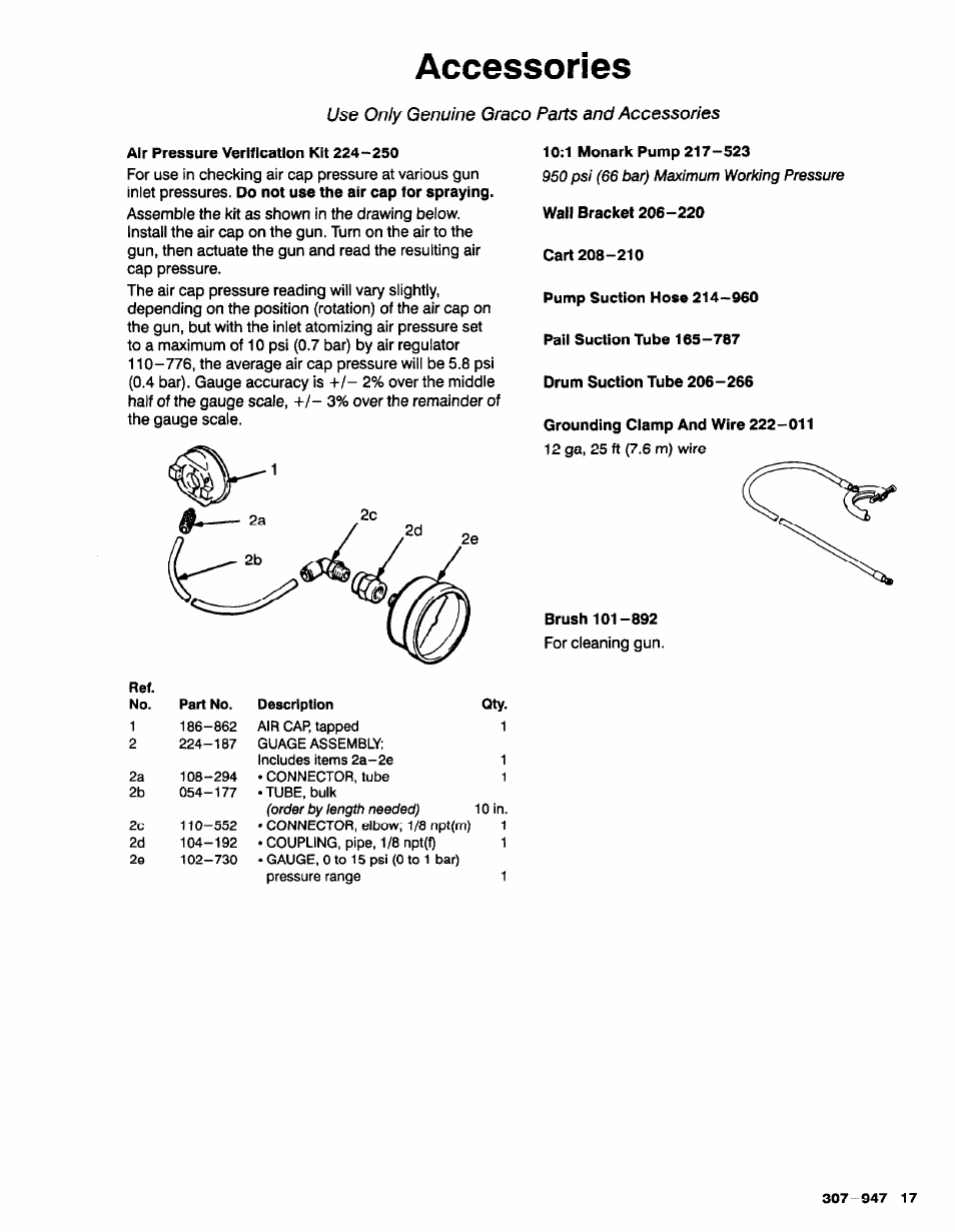 Accessories, Use only genuine grace parts and accessories | Graco HIGH EFFICIENCY LOW PRESSURE AA2000 User Manual | Page 17 / 20