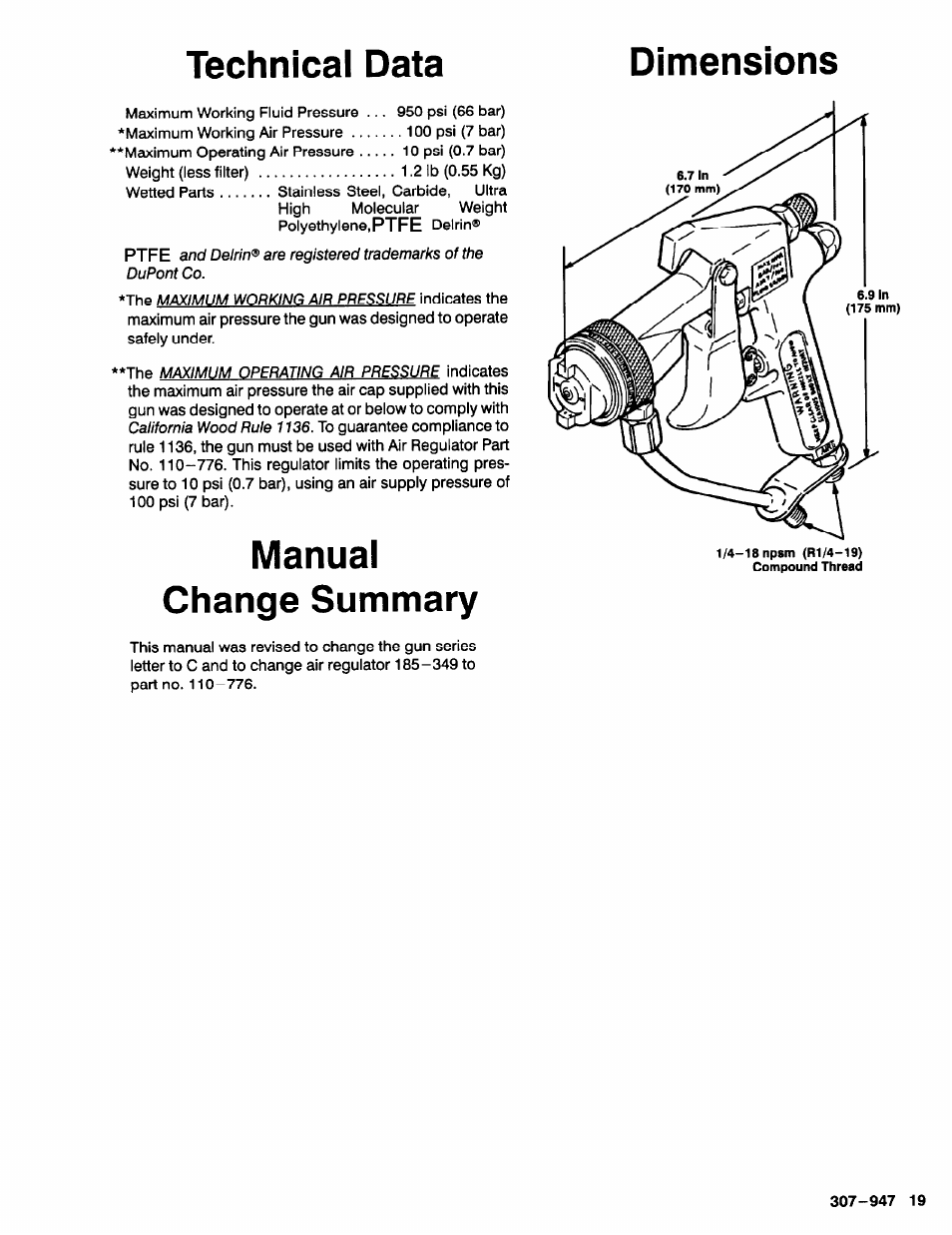 Technical data dimensions, Manual change summary | Graco HIGH EFFICIENCY LOW PRESSURE AA2000 User Manual | Page 19 / 20