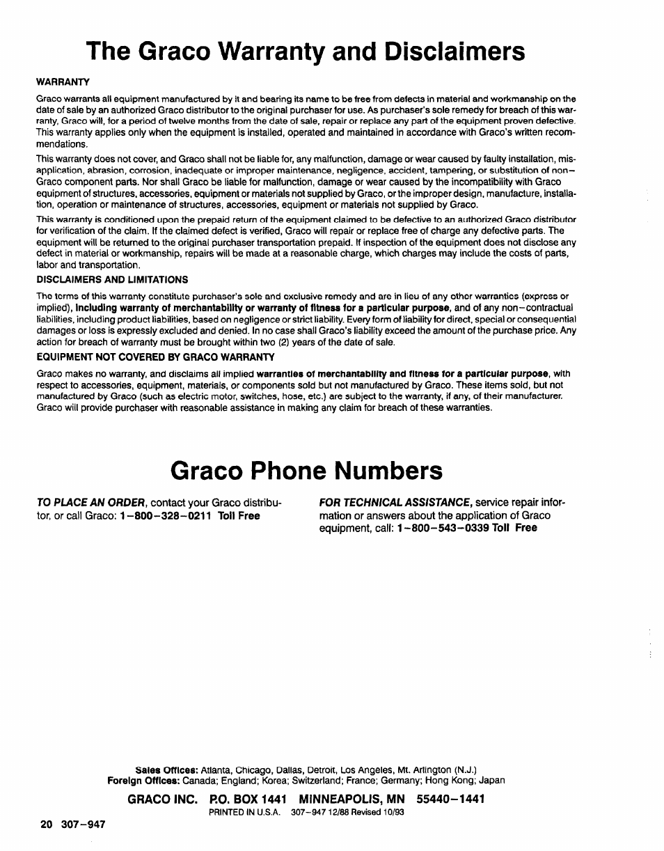 The grace warranty and disclaimers, Graco phone numbers | Graco HIGH EFFICIENCY LOW PRESSURE AA2000 User Manual | Page 20 / 20