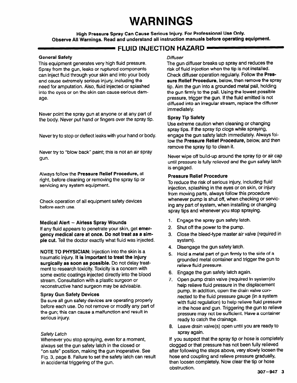 Warnings, Fluid injection hazard | Graco HIGH EFFICIENCY LOW PRESSURE AA2000 User Manual | Page 3 / 20