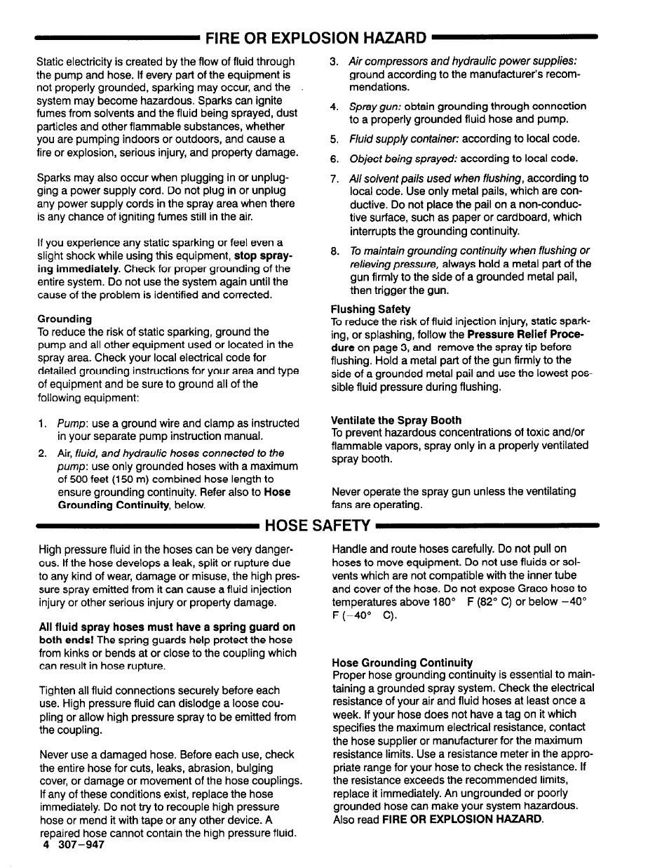 Fire or explosion hazard, Hose safety | Graco HIGH EFFICIENCY LOW PRESSURE AA2000 User Manual | Page 4 / 20