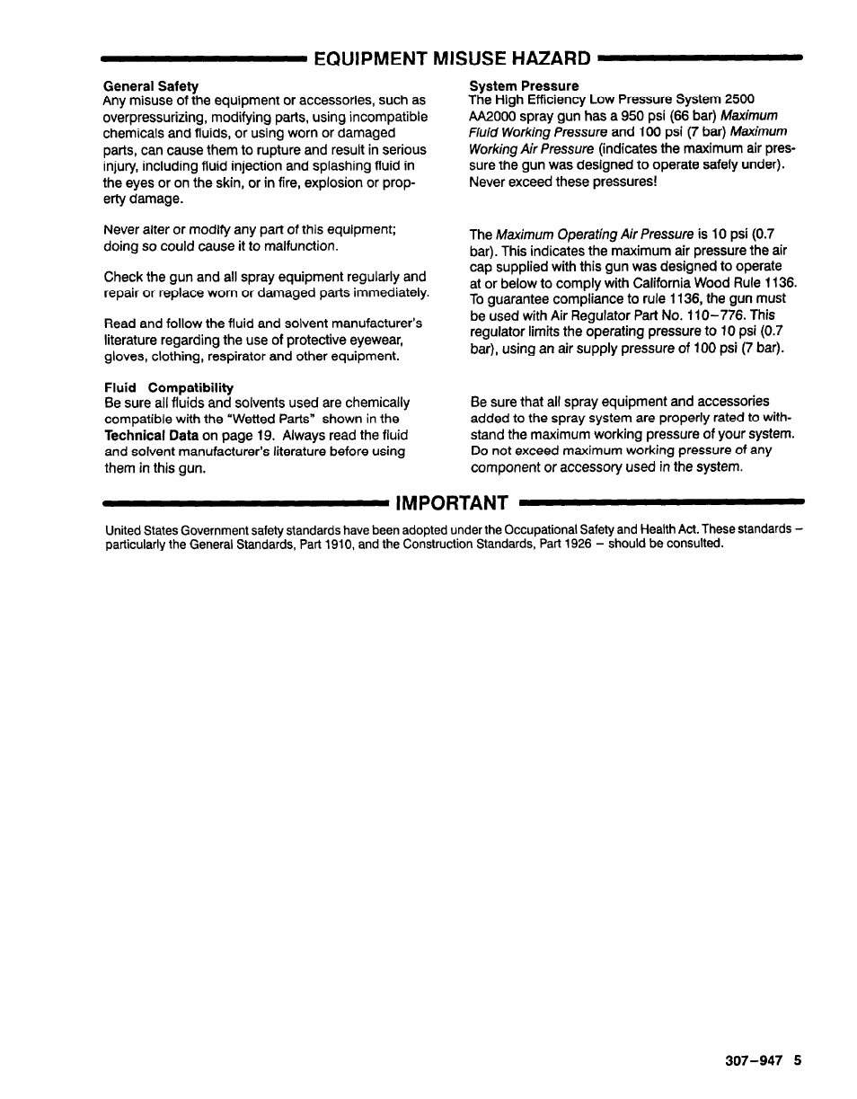 Equipment misuse hazard, Important | Graco HIGH EFFICIENCY LOW PRESSURE AA2000 User Manual | Page 5 / 20