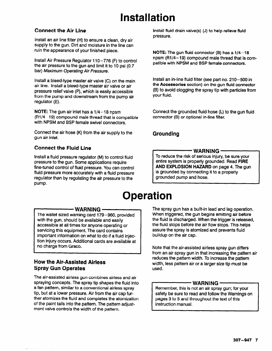 Connect the air line, Connect the fluid line, Grounding | Warning, How the air-assisted airless spray gun operates, Operation | Graco HIGH EFFICIENCY LOW PRESSURE AA2000 User Manual | Page 7 / 20