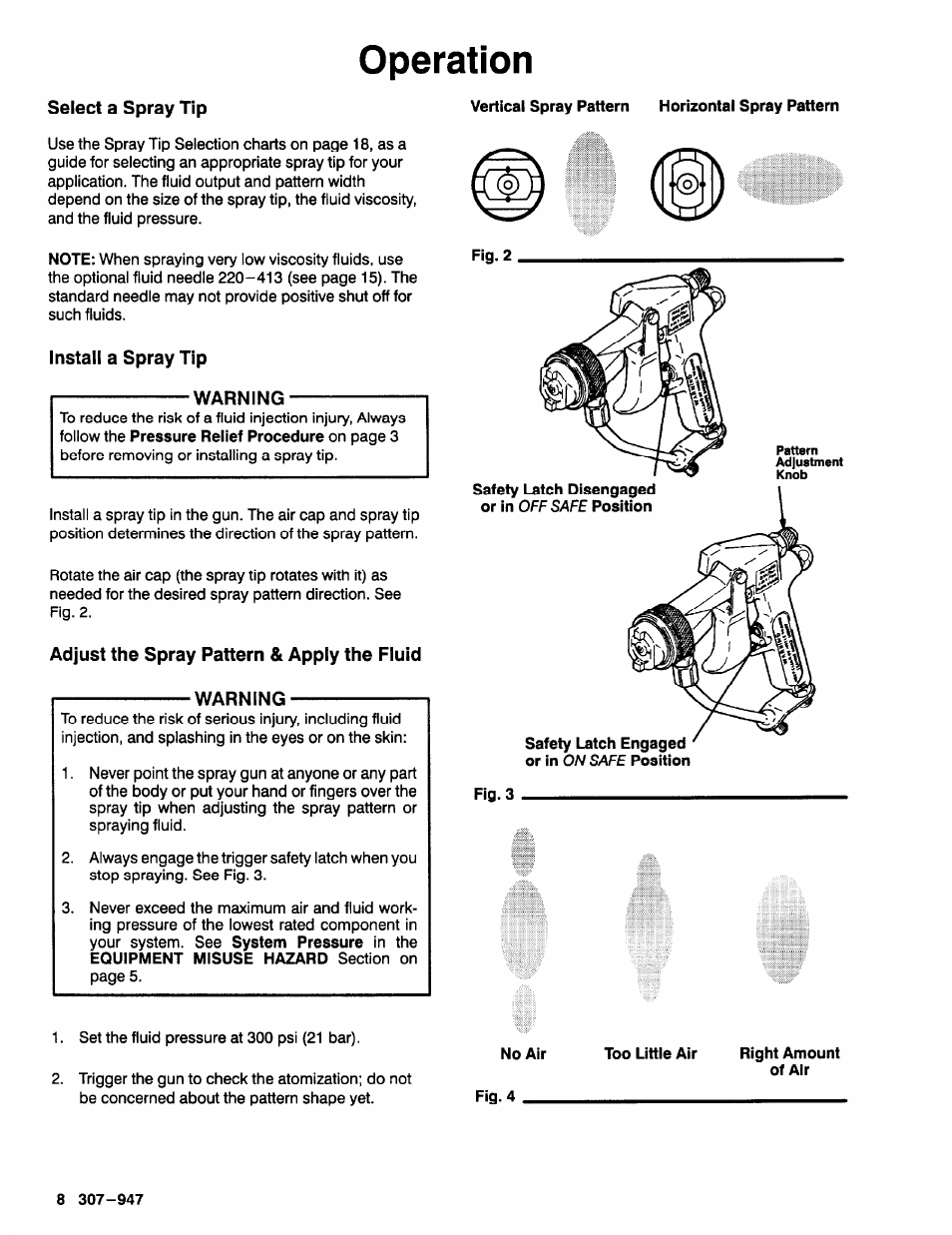 Select a spray tip, Install a spray tip, Warning | Adjust the spray pattern & apply the fluid, Operation | Graco HIGH EFFICIENCY LOW PRESSURE AA2000 User Manual | Page 8 / 20