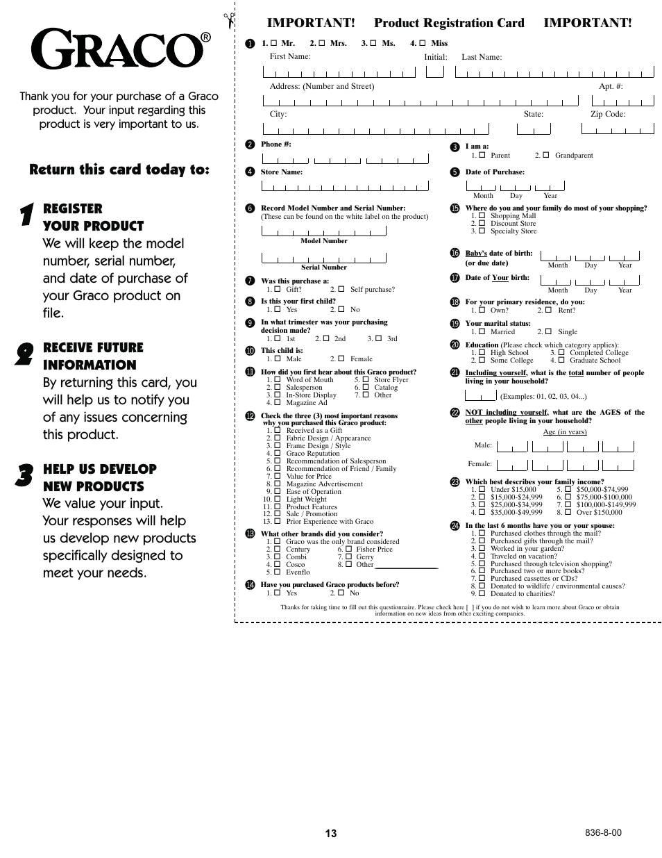 Bm bl bn bt bu bs br bq bo bp cl cm cn co cp, Return this card today to, Important! product registration card important | Graco 7588 User Manual | Page 13 / 65