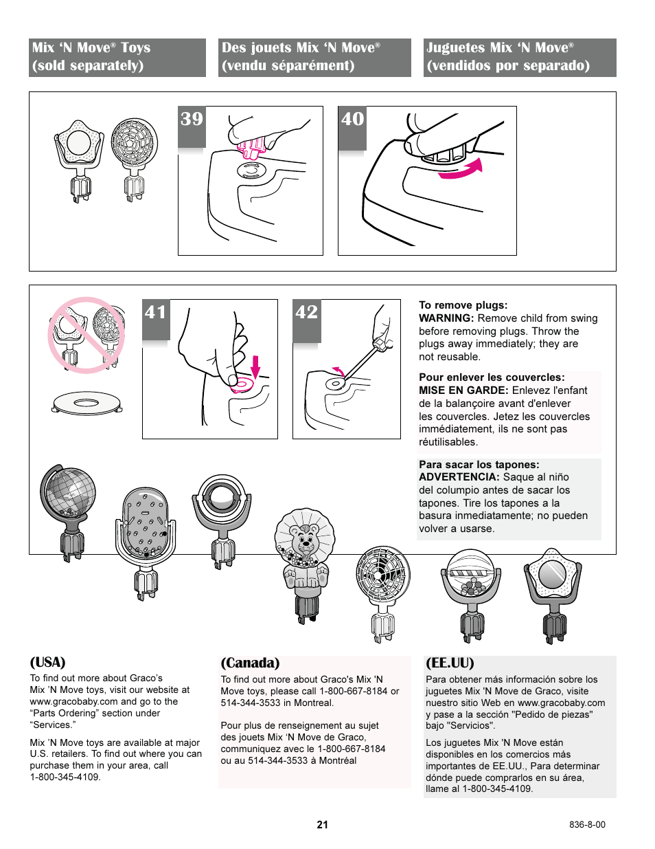Usa), Canada), Mix ‘n move | Toys (sold separately) des jouets mix ‘n move, Vendu séparément) juguetes mix ‘n move, Vendidos por separado), Ee.uu) | Graco 7588 User Manual | Page 21 / 65