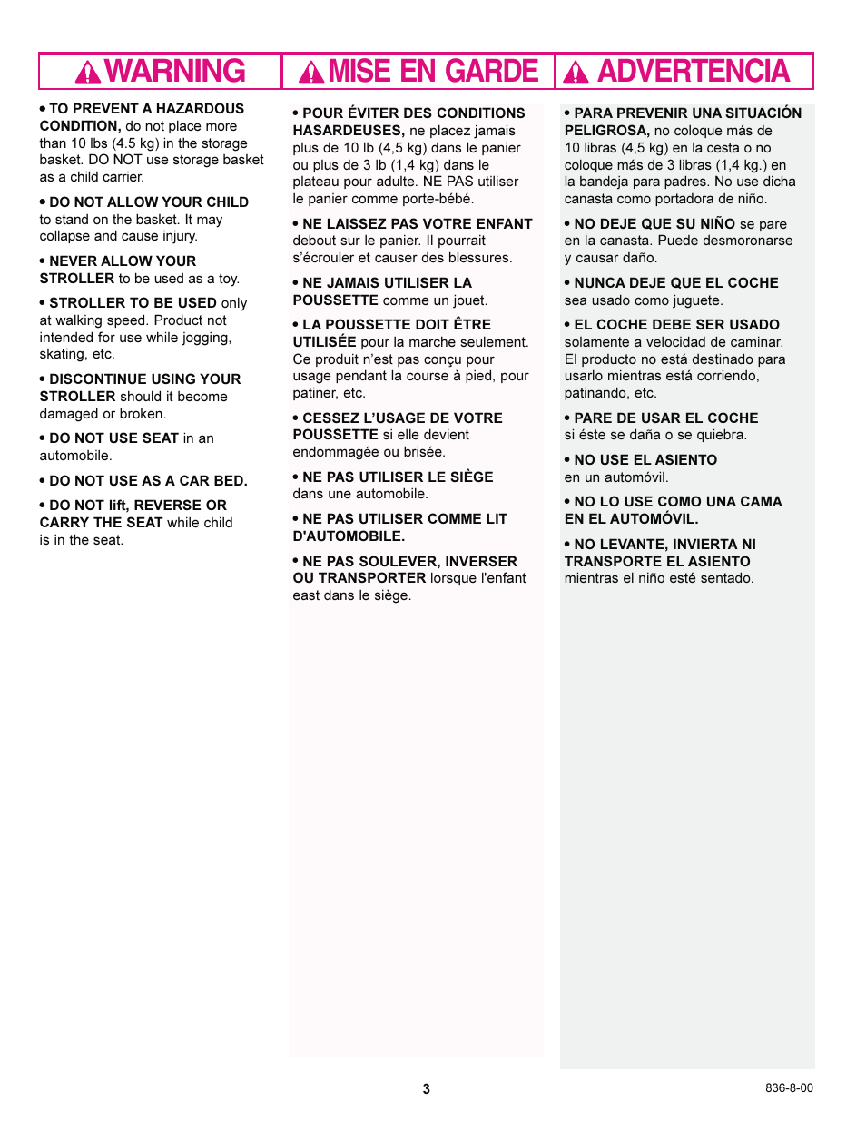 Warning advertencia mise en garde | Graco 7588 User Manual | Page 3 / 65