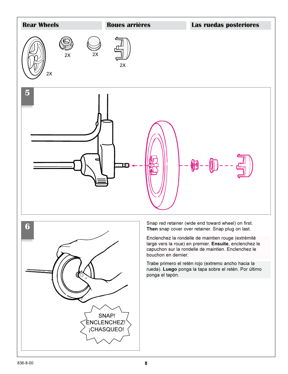 Rear wheels roues arrières las ruedas posteriores | Graco 7588 User Manual | Page 8 / 65