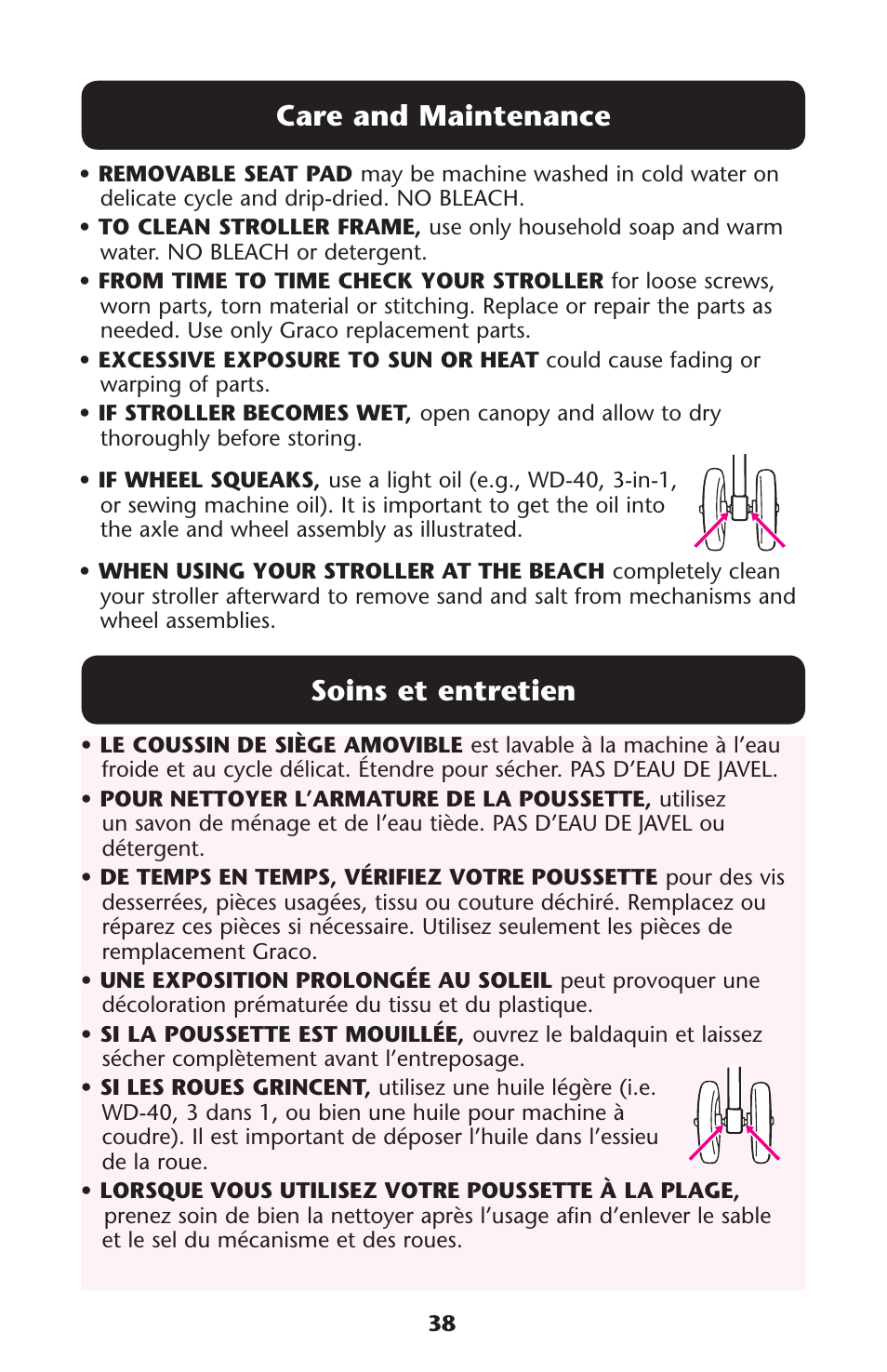 Care and maintenance, Soins et entretien | Graco 1762856 User Manual | Page 38 / 128