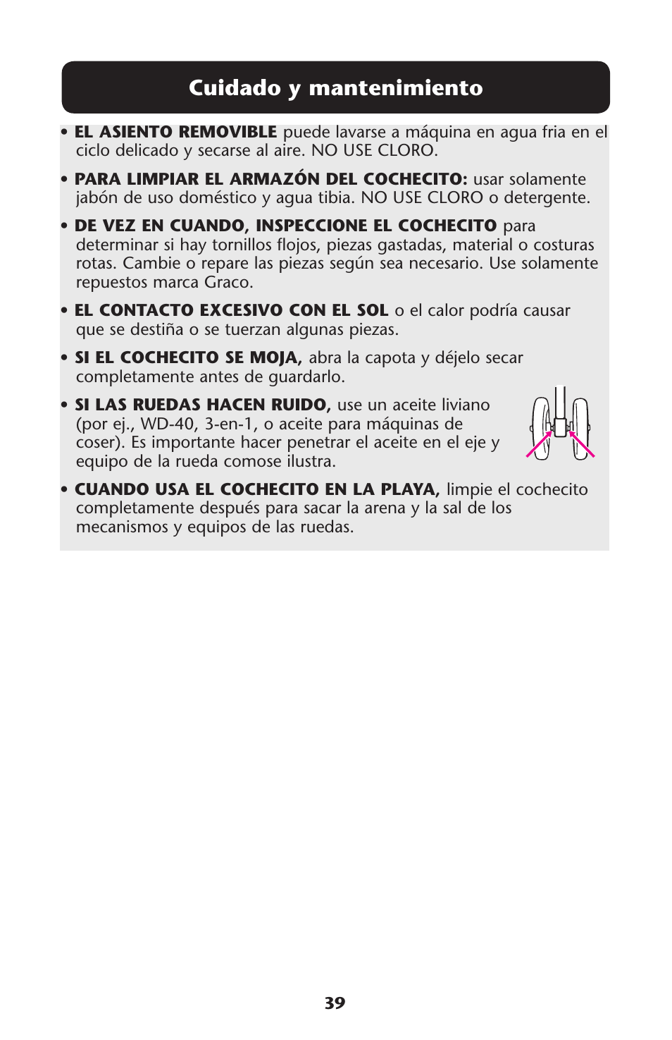 Cuidado y mantenimiento | Graco 1762856 User Manual | Page 39 / 128