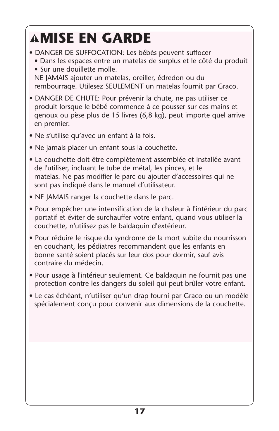 Mise en garde | Graco 1762879 User Manual | Page 17 / 32