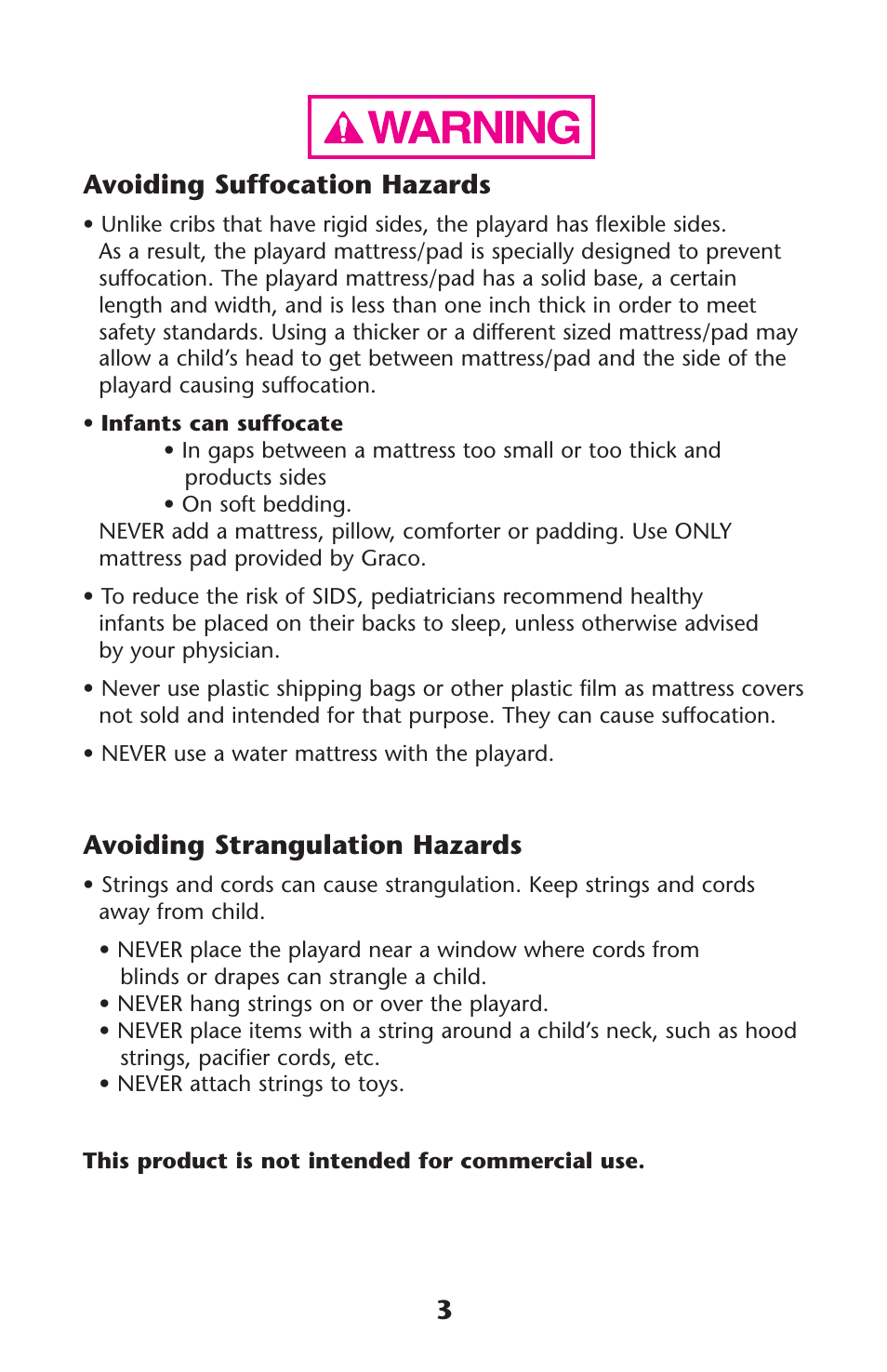 3avoiding suffocation hazards, Avoiding strangulation hazards | Graco 1762879 User Manual | Page 3 / 32
