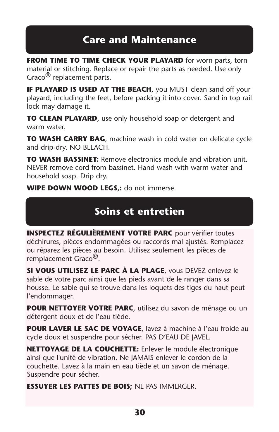 Care and maintenance, Soins et entretien | Graco 1762879 User Manual | Page 30 / 32