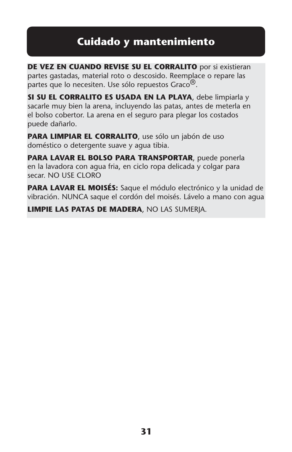 Cuidado y mantenimiento | Graco 1762879 User Manual | Page 31 / 32
