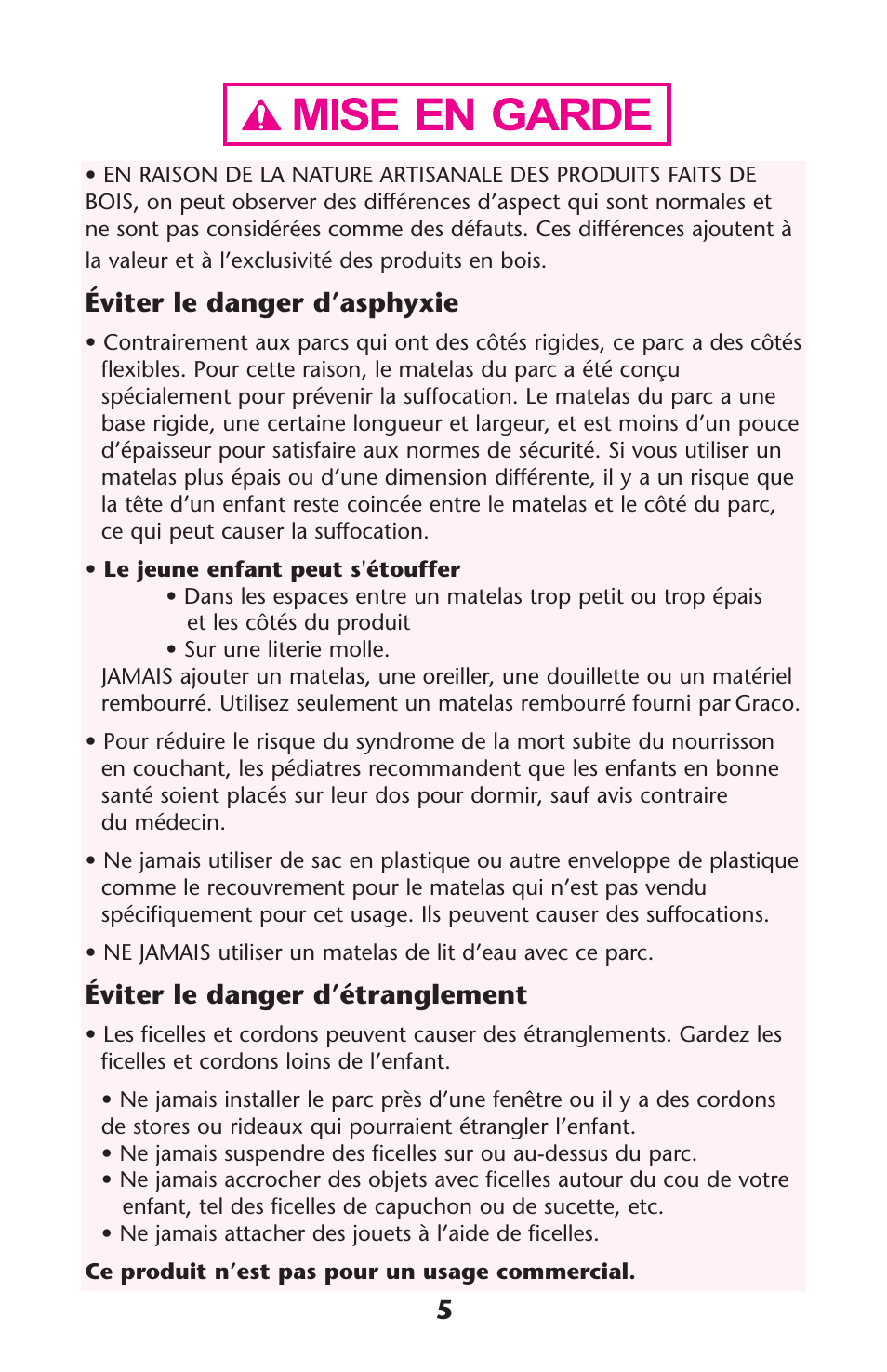 Éviter le danger d’asphyxie, Éviter le danger d’étranglement | Graco 1762879 User Manual | Page 5 / 32