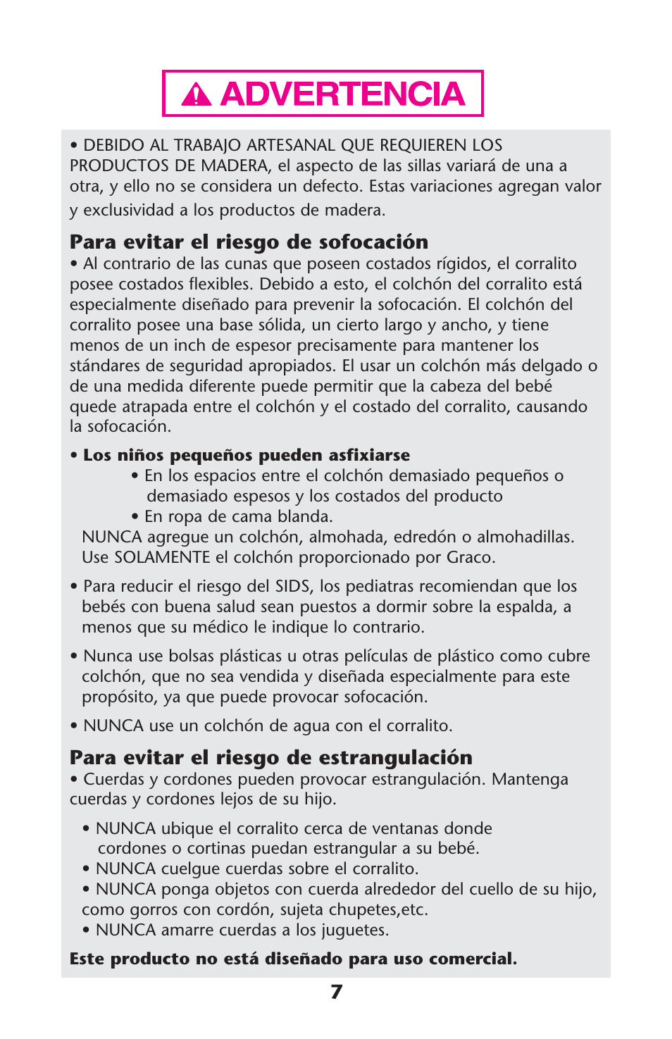 Para evitar el riesgo de sofocación, Para evitar el riesgo de estrangulación | Graco 1762879 User Manual | Page 7 / 32