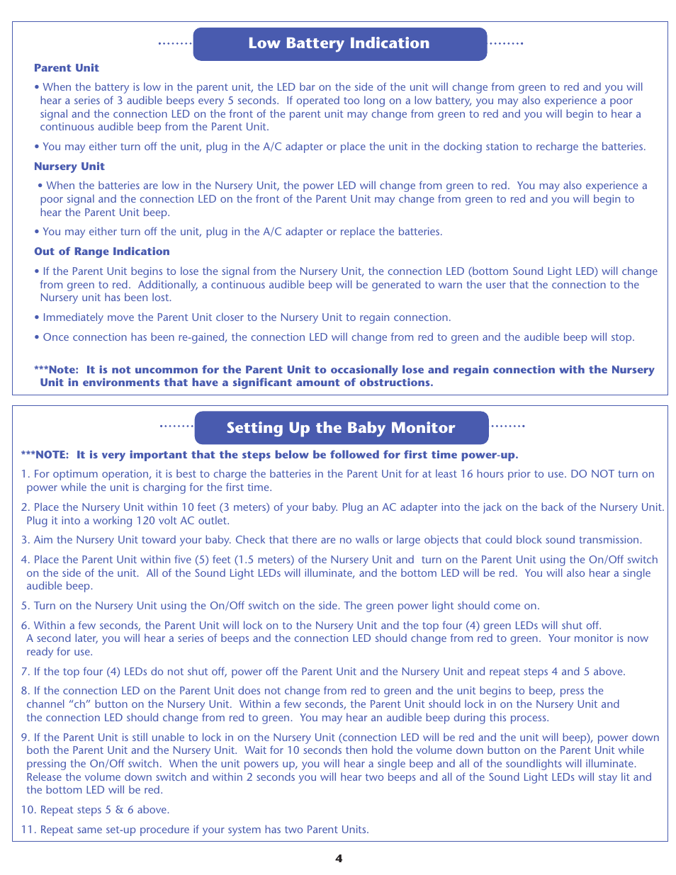Low battery indication, Setting up the baby monitor | Graco 2795 User Manual | Page 4 / 12
