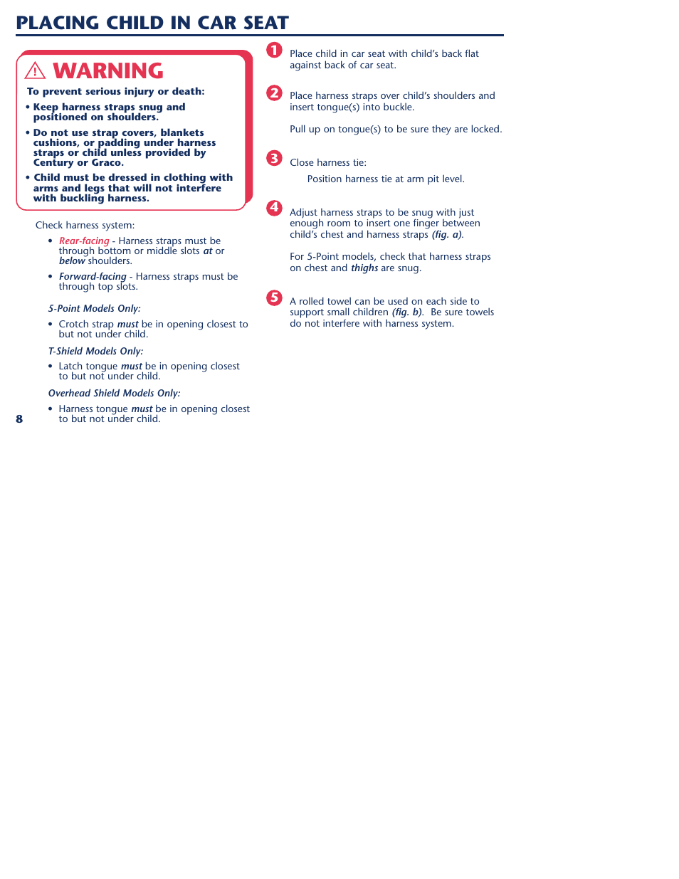 Warning, Placing child in car seat | Graco 1000 STETM User Manual | Page 10 / 54