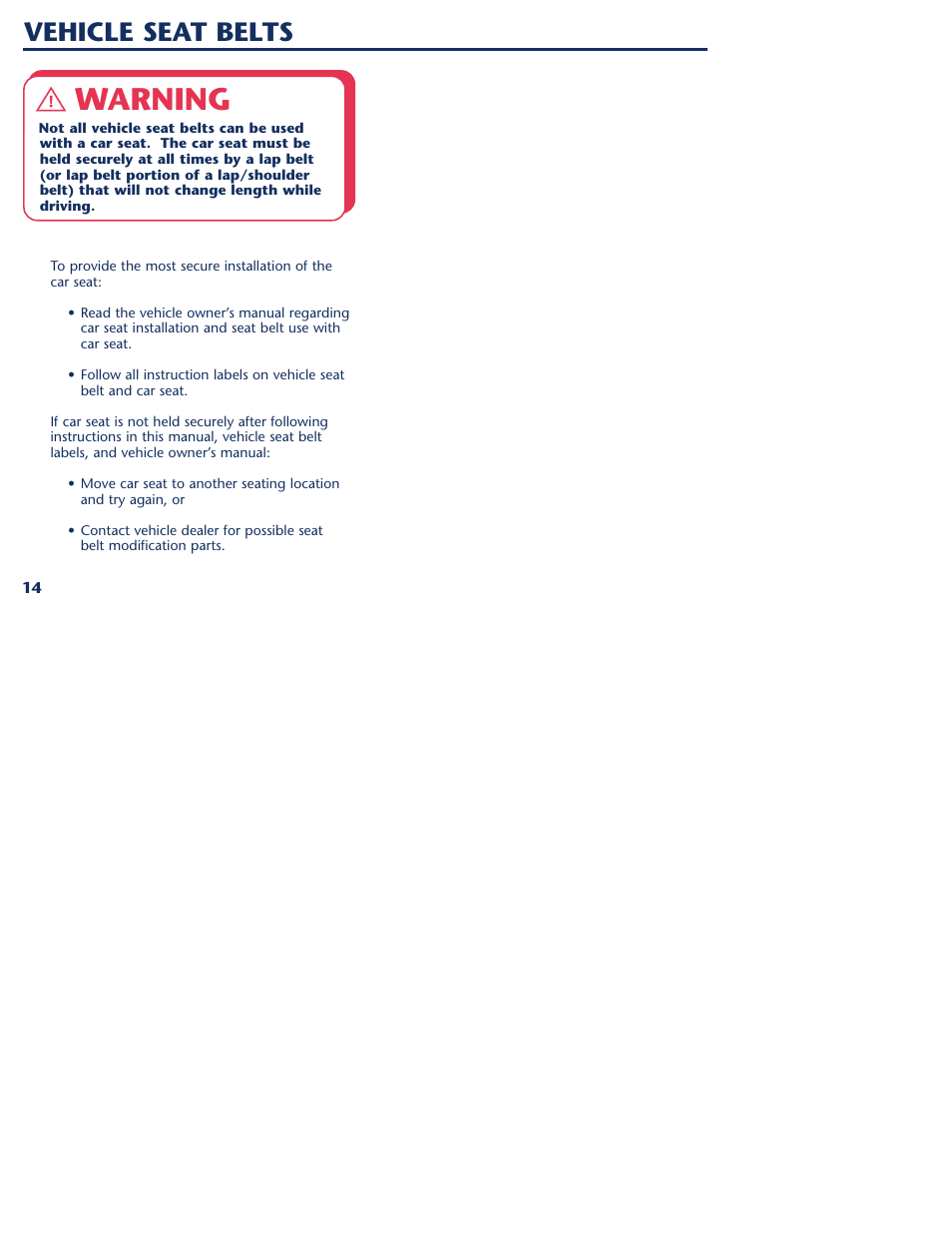 Warning, Vehicle seat belts | Graco 1000 STETM User Manual | Page 16 / 54