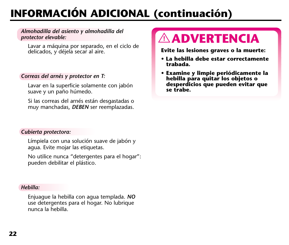 Advertencia, Información adicional (continuación) | Graco 1000 STETM User Manual | Page 52 / 54