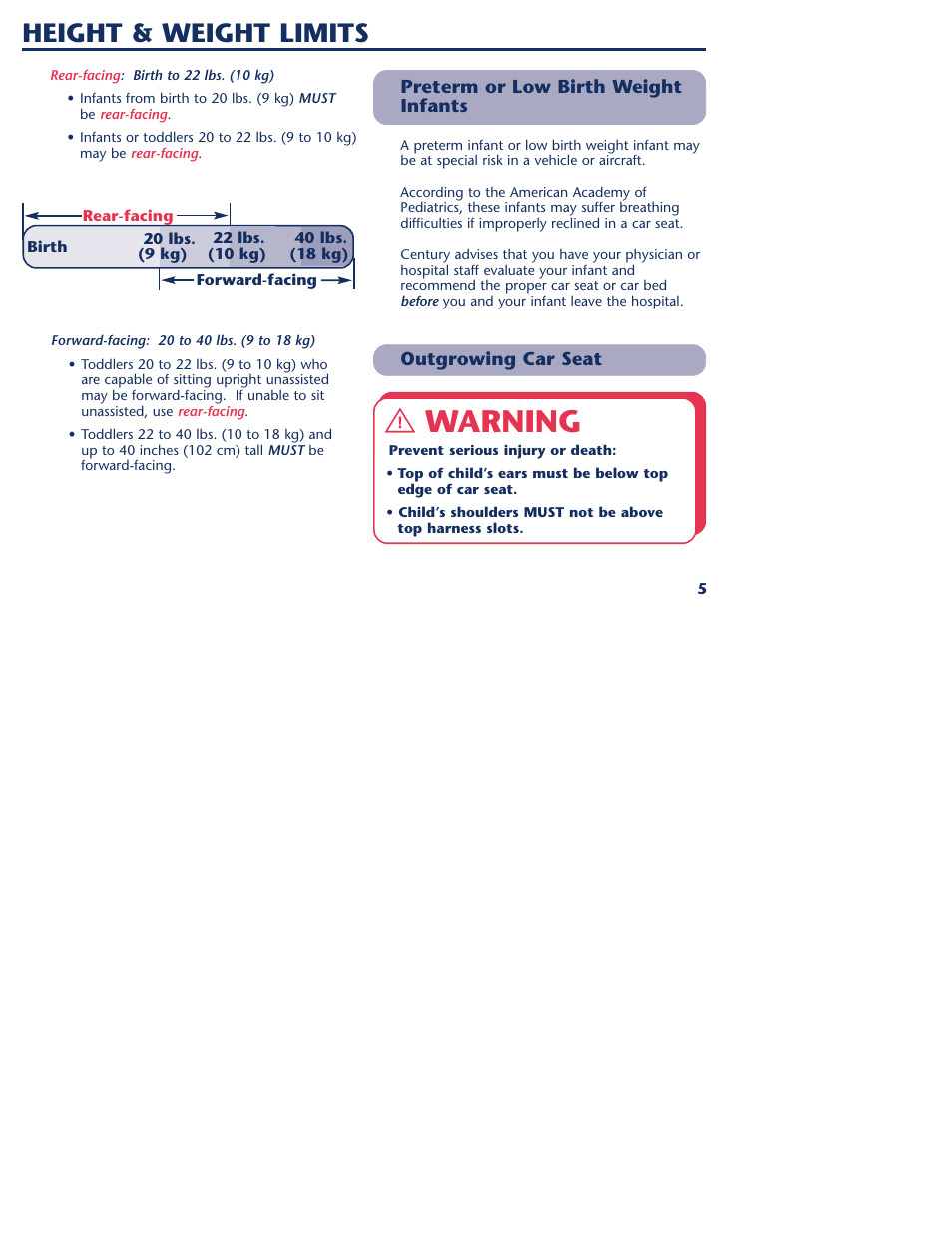 Warning, Height & weight limits | Graco 1000 STETM User Manual | Page 7 / 54