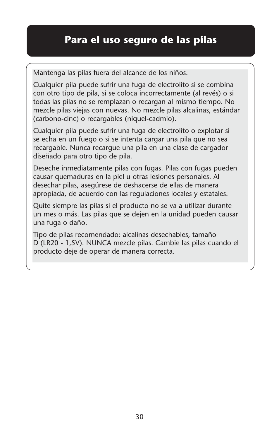 Para el uso seguro de las pilas | Graco Lovin' Hug 1757214 User Manual | Page 30 / 52