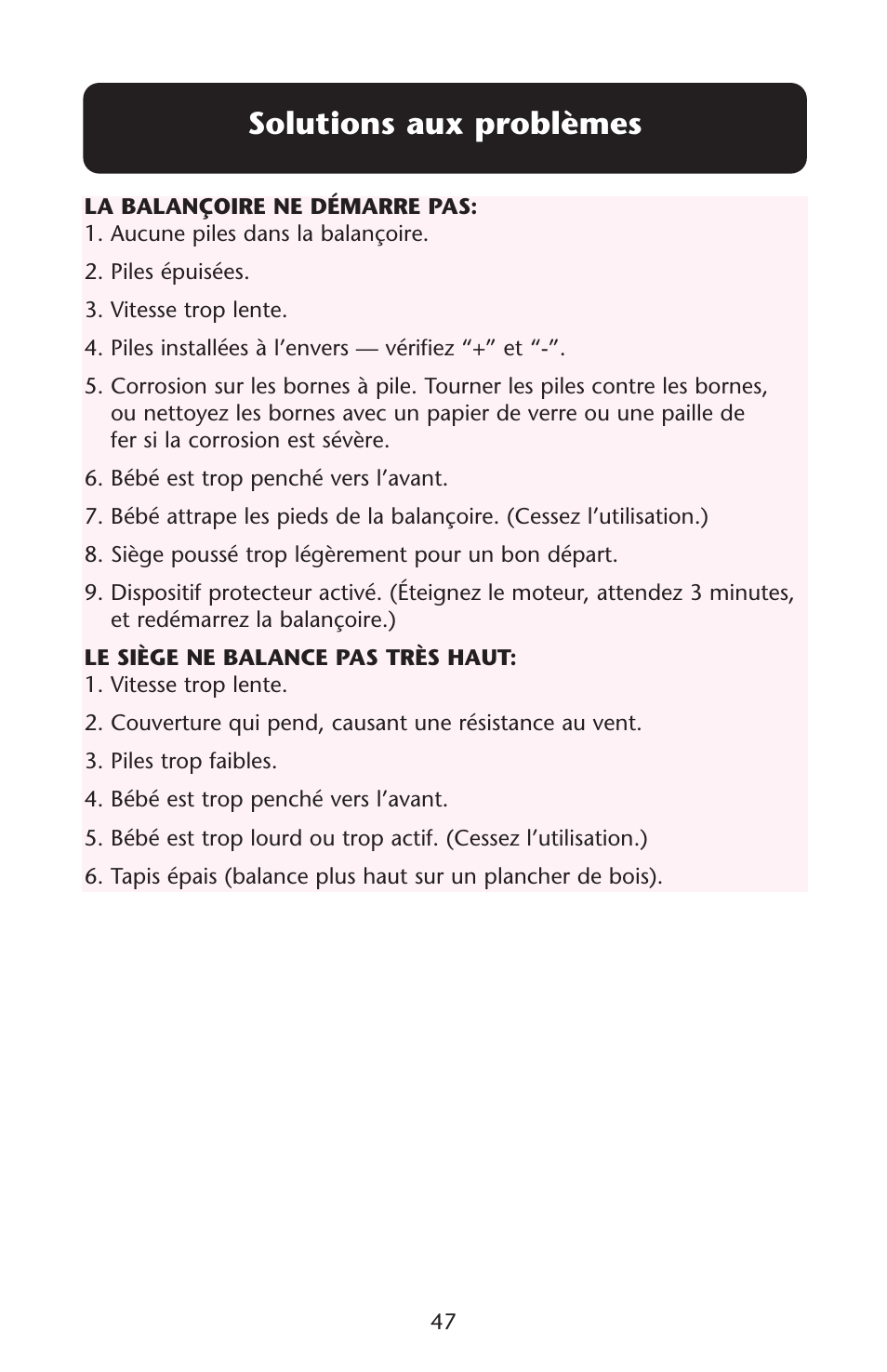 Solutions aux problèmes | Graco Lovin' Hug 1757214 User Manual | Page 47 / 52