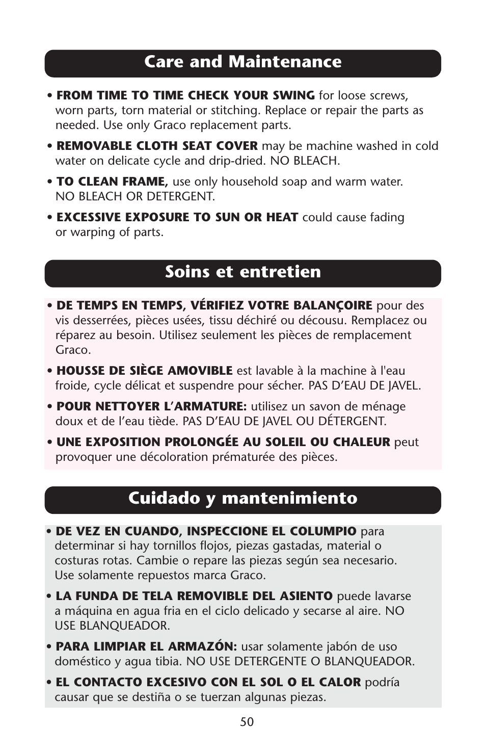 Care and maintenance, Soins et entretien, Cuidado y mantenimiento | Graco Lovin' Hug 1757214 User Manual | Page 50 / 52