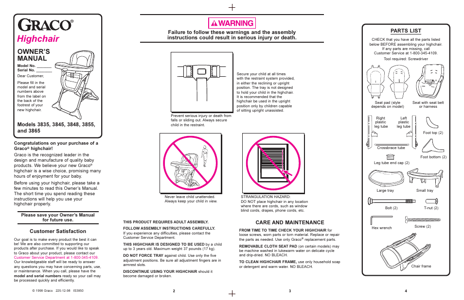 Highchair, Owners manual, Customer satisfaction | Care and maintenance, Parts list | Graco 3835 User Manual | Page 2 / 6