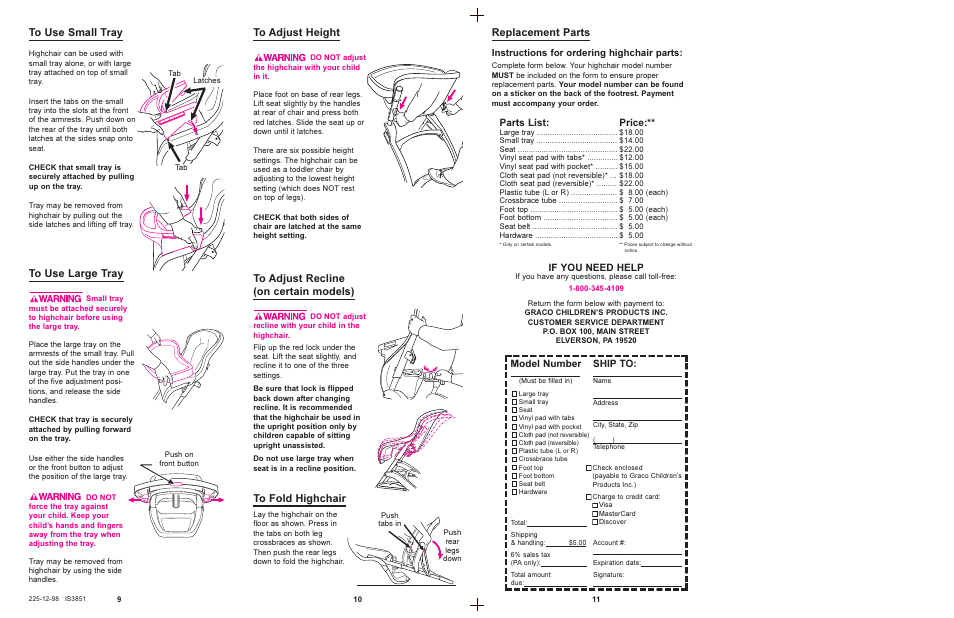 Replacement parts, If you need help, Model number | Ship to, Parts list, Price, Instructions for ordering highchair parts | Graco 3835 User Manual | Page 5 / 6