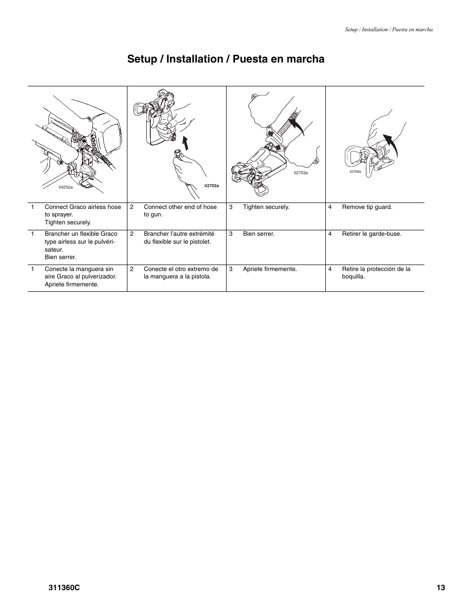 Setup / installation / puesta en marcha | Graco 311360C User Manual | Page 13 / 32