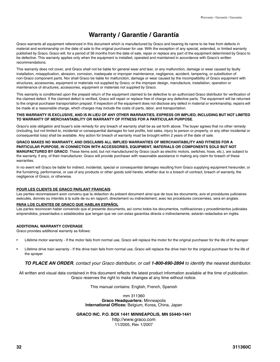 Warranty / garantie / garantía | Graco 311360C User Manual | Page 32 / 32