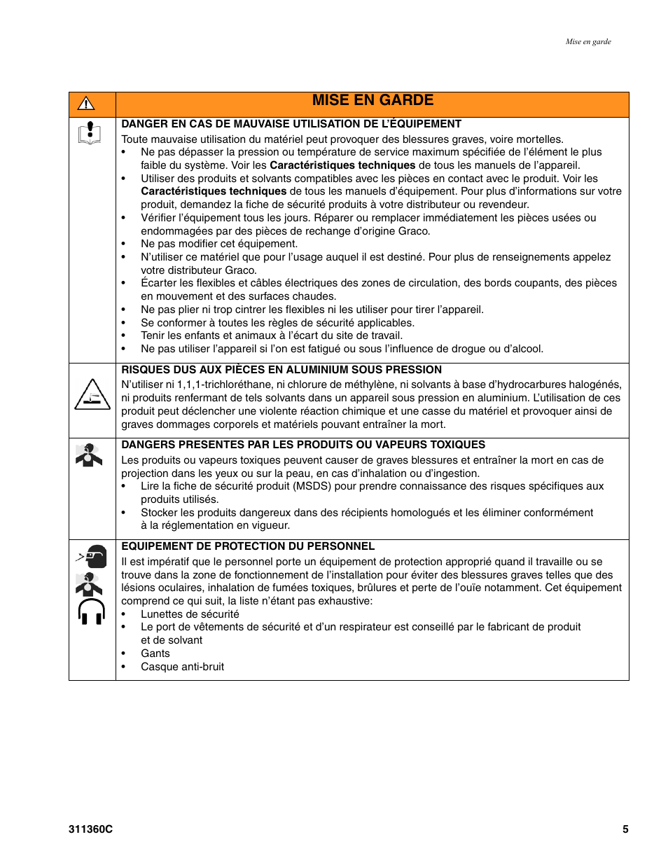 Mise en garde | Graco 311360C User Manual | Page 5 / 32