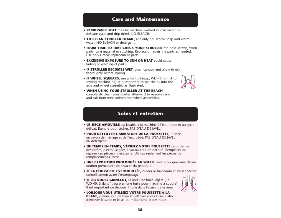 Soins et entretien, Care and maintenance | Graco ISPA083AD User Manual | Page 38 / 40