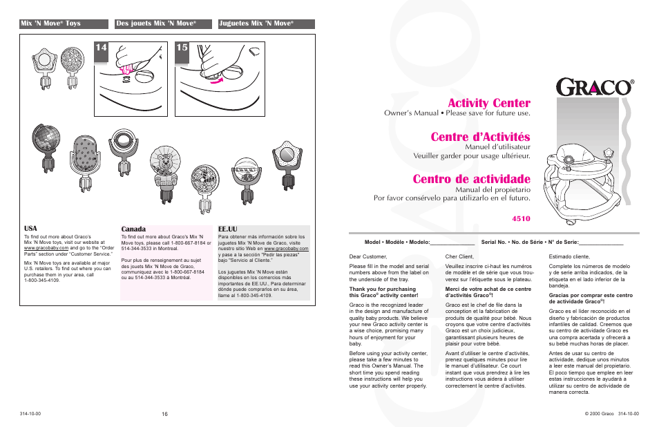 Activity center, Centro de actividade, Centre d’activités | Owner’s manual please save for future use, Canada, Mix ’n move, Toys des jouets mix ’n move, Juguetes mix ’n move, Ee.uu | Graco 4510 User Manual | Page 16 / 16