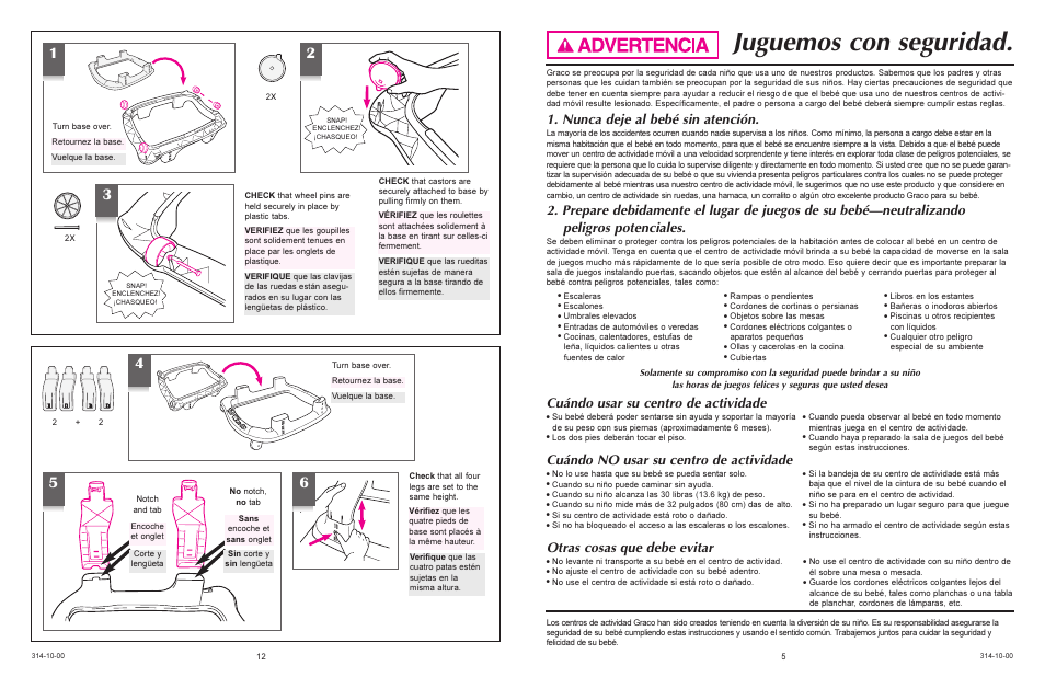 Juguemos con seguridad, Nunca deje al bebé sin atención, Cuándo usar su centro de actividade | Cuándo no usar su centro de actividade, Otras cosas que debe evitar | Graco 4510 User Manual | Page 5 / 16