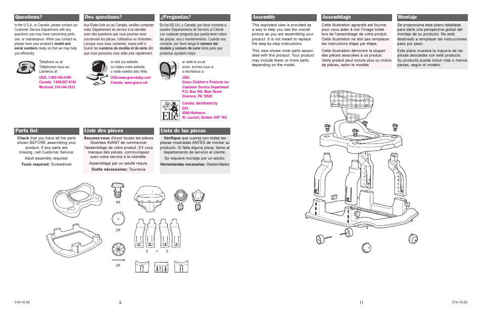 Parts list liste des pièces lista de las piezas, Questions? des questions? ¿preguntas, Assembly | Assemblage montaje | Graco 4510 User Manual | Page 6 / 16