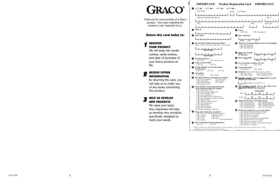 Bm bl bn bt bu bs br bq bo bp cl cm cn co cp, Return this card today to, Important! product registration card important | Graco 4510 User Manual | Page 9 / 16