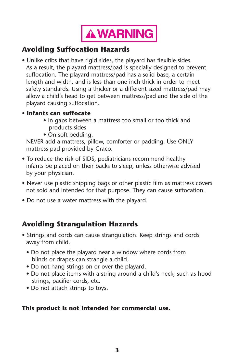 Avoiding suffocation hazards, Avoiding strangulation hazards | Graco ISPP072AB User Manual | Page 3 / 28