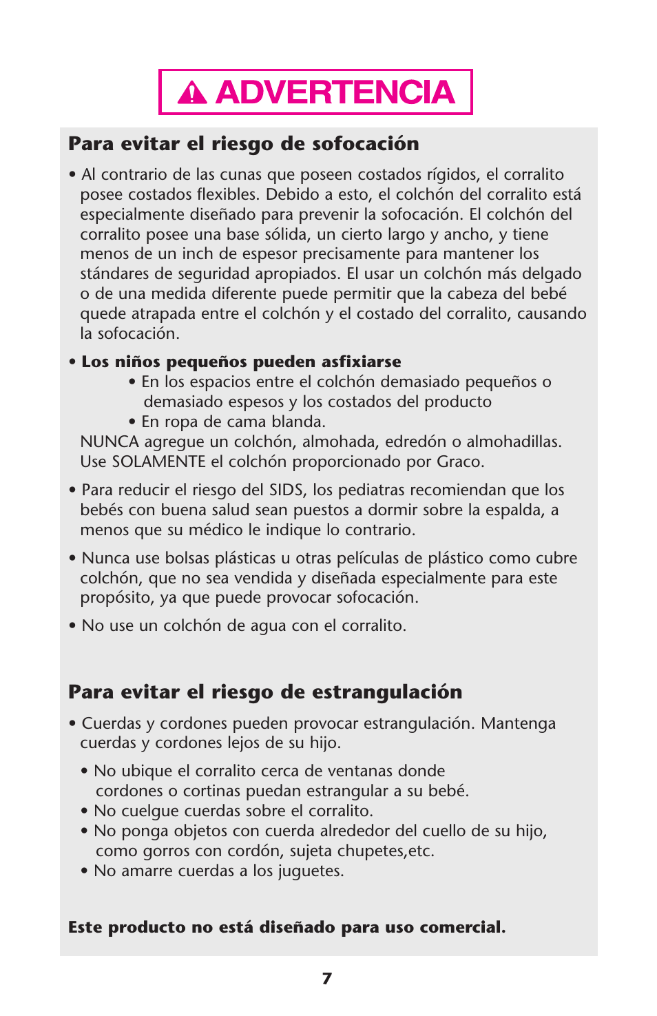 Para evitar el riesgo de sofocación, Para evitar el riesgo de estrangulación | Graco ISPP072AB User Manual | Page 7 / 28