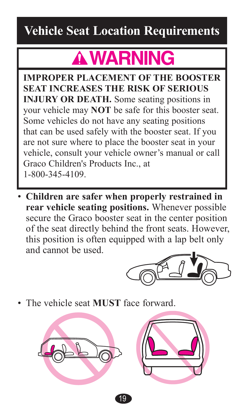 Vehicle seat location requirements awarning | Graco PD141229A User Manual | Page 19 / 80